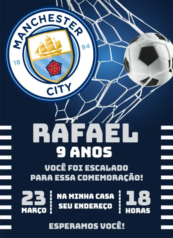 Convite Manchester City 4 – tema Aniversário futebol, moderno, vibrante, esportivo, colorido