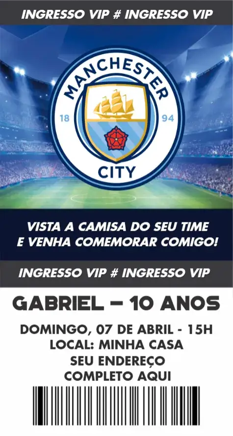 Convite Manchester City ingresso – tema Aniversário moderno, esportivo, vibrante, dinâmico, azul e branco, minimalista