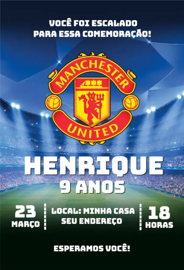Convite Manchester United 2 – tema Aniversário esportivo, vibrante, moderno, colorido, dinâmico