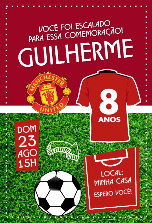 Convite Manchester United camisa – tema Aniversário futebol, moderno, vibrante, esportivo, dinâmico