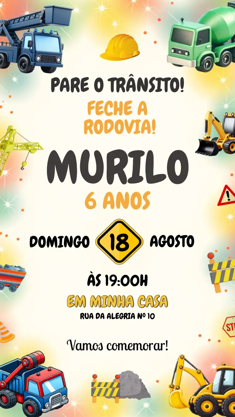 Convite Máquinas Construção Colorido – tema Chá Rifa colorido, infantil, máquinas de construção, divertido, tema rústico, ilustrações animadas