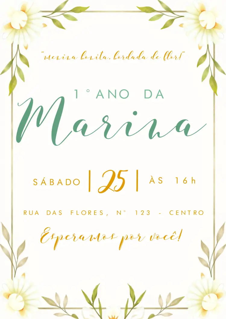 Convite Margarida Floral Verde – tema Datas Comemorativas floral, aquarela, dourado, verde, infantil, alegre