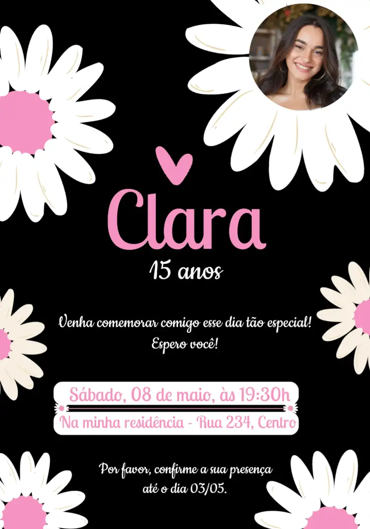 Convite Margaridas Com Foto Rosas – tema Aniversário floral, romântico, colorido, moderno, elegante, feminino