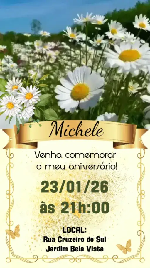 Convite Margaridas – tema Aniversário floral, colorido, elegante, moderno, vibrante, natural