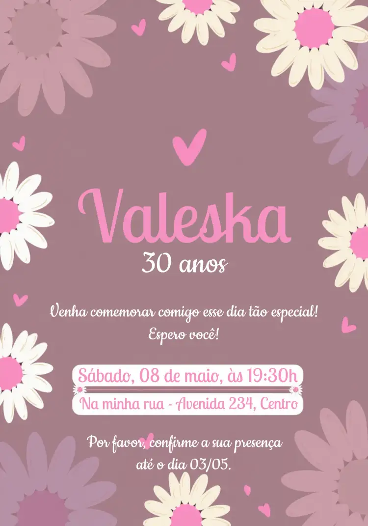 Convite Margaridas Festa – tema Aniversário floral, romântico, colorido, delicado, moderno