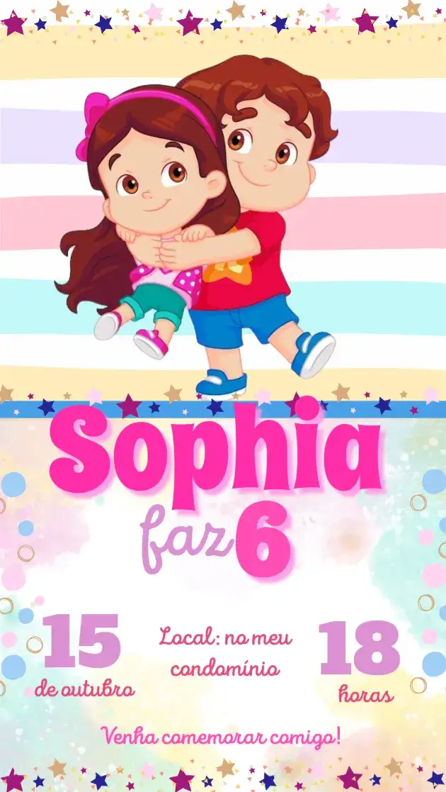 Convite Maria Clara e JP – tema Aniversário Infantil pastel, divertido, colorido, moderno, infantil