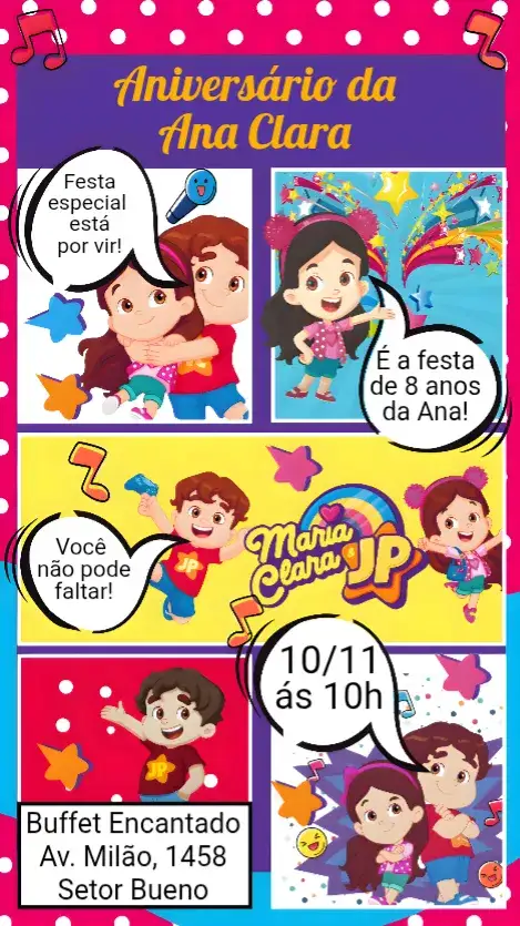 Convite Maria Clara e JP – tema Aniversário Infantil colorido, divertido, infantil, gibi, alegre