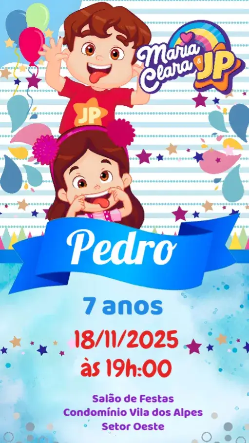 Convite Maria Clara e JP – tema 15 anos moderno, colorido, elegante, divertido, jovem