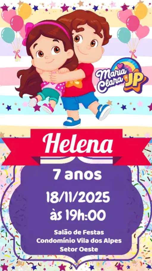 Convite Maria Clara e JP – tema Aniversário Infantil colorido, lúdico, temático, divertido, alegre