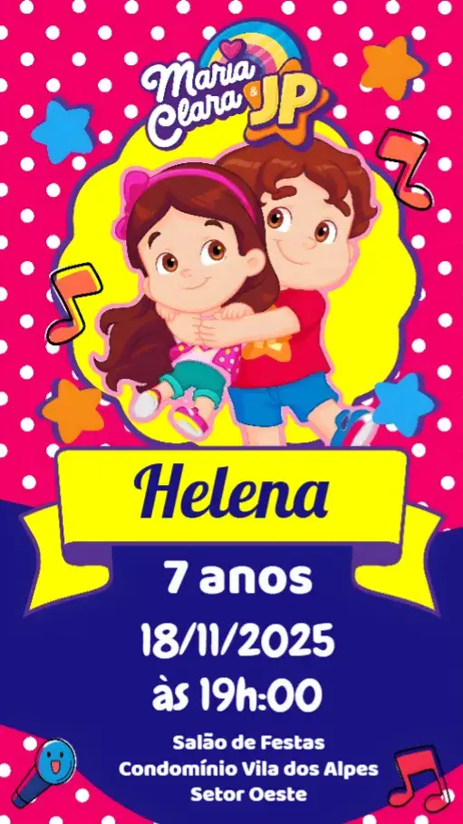 Convite Maria Clara e JP – tema Aniversário Infantil colorido, divertido, infantil, moderno, alegre