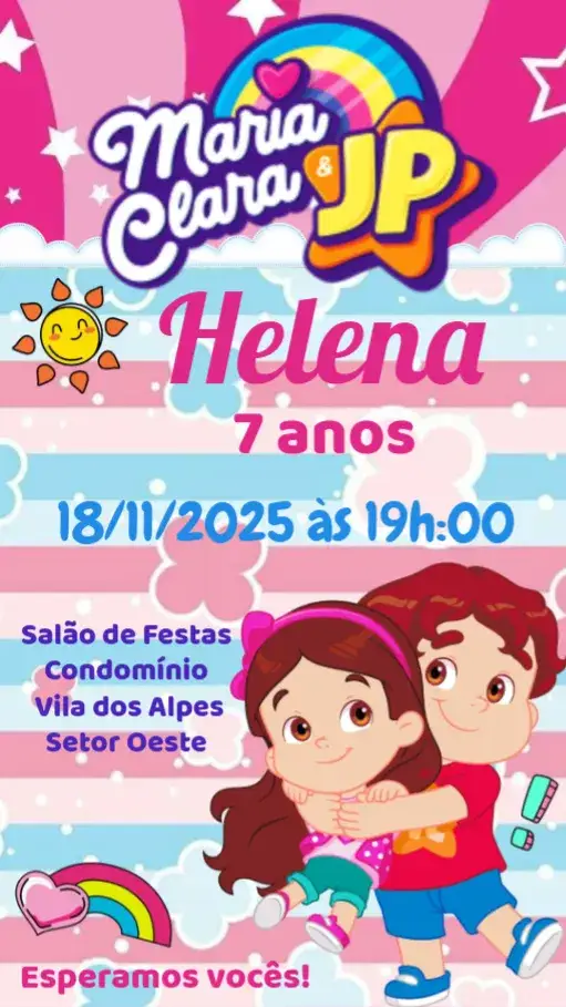 Convite Maria Clara e JP – tema Aniversário Infantil colorido, divertido, lúdico, moderno, infantil