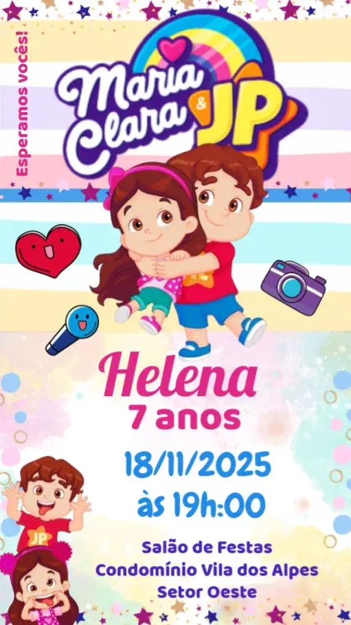 Convite Maria Clara e JP – tema Aniversário Infantil colorido, divertido, temático, brilhante, ilustrações infantis