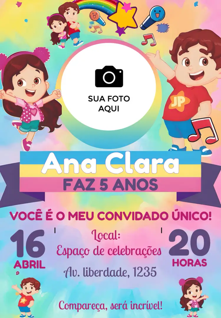 Convite Maria Clara E Jp Com Foto – tema Mais pesquisados colorido, infantil, divertido, moderno, fotográfico