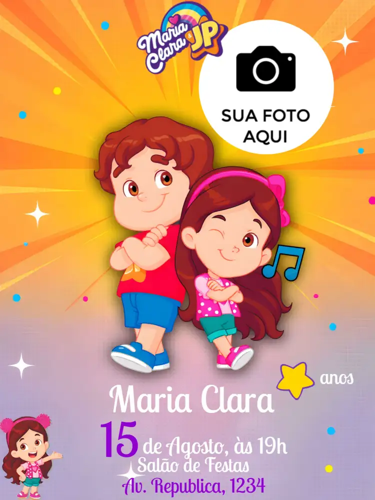 Convite Maria Clara E Jp Com Foto Lilás – tema Mais pesquisados lilás, moderno, brilhante, divertido, colorido, jovem