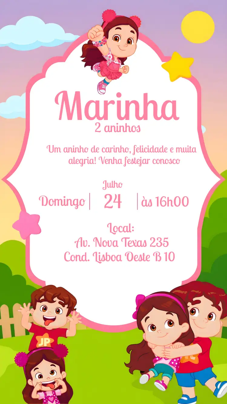 Convite Maria Clara E Jp Infantil – tema Mais pesquisados colorido, rosa, divertido, infantil, alegre