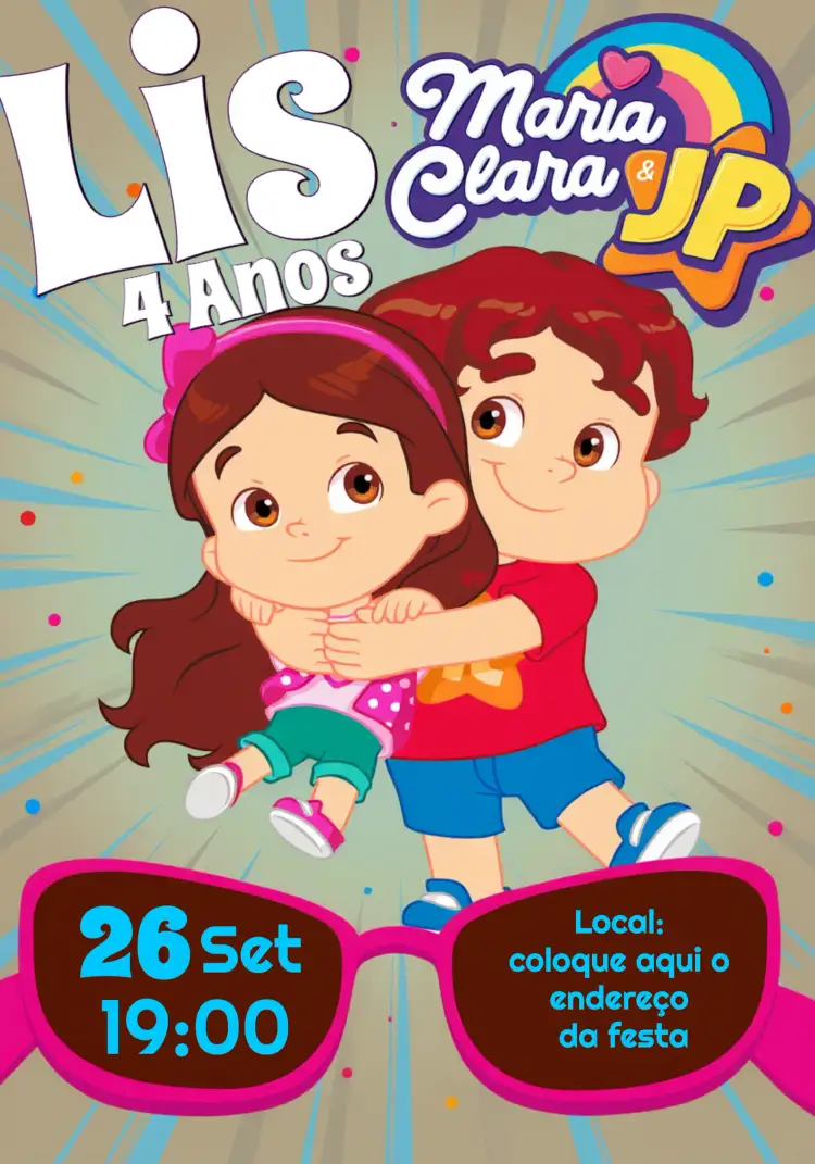 Convite Maria Clara E Jp Infantil – tema Datas Comemorativas colorido, moderno, divertido, roxo, rosa, infantil