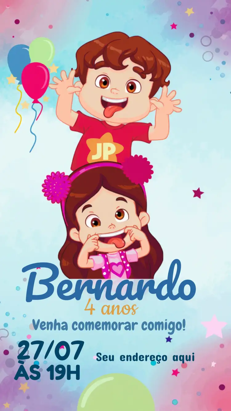 Convite Maria Clara E Jp Menino – tema Datas Comemorativas colorido, infantil, moderno, divertido, youtuber, temático