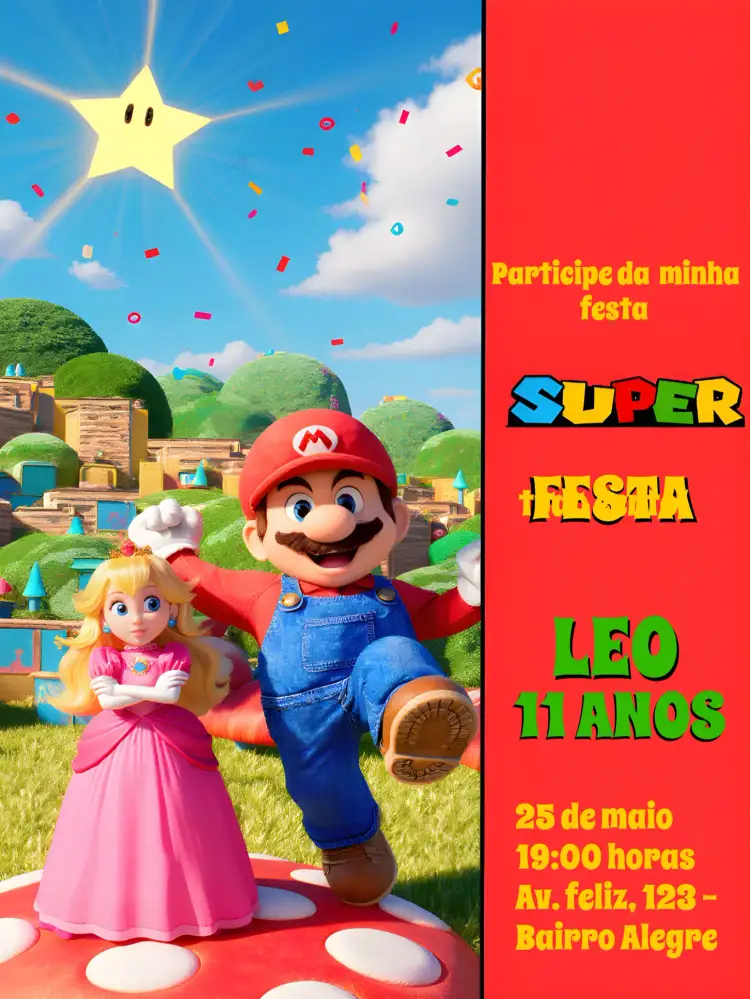 Convite Mario Bros Super – tema Aniversário vermelho, colorido, jogos, divertido, animado, infantil