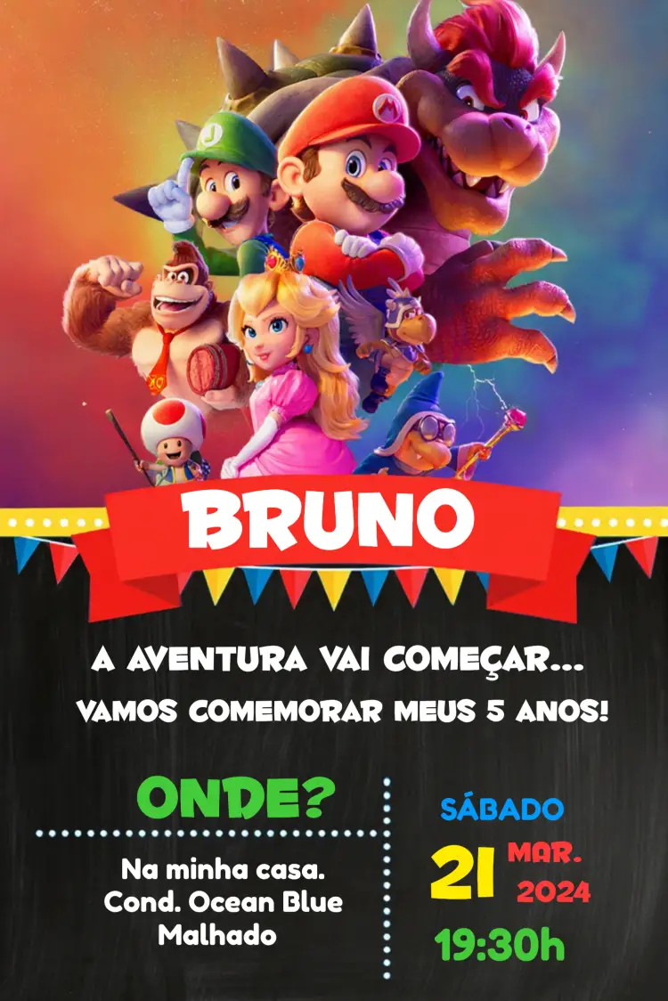 Convite Mario Bros Colorido editável e personalizável