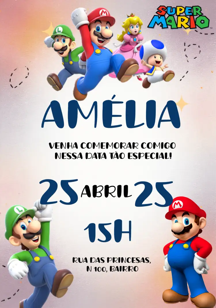 Convite Mario Bros Nintendo – tema Mais pesquisados colorido, divertido, jogos, infantil, temático