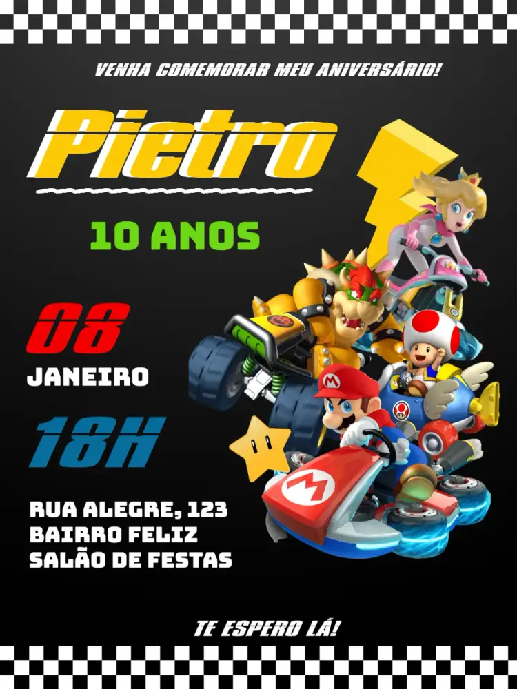 Convite Mario Kart Amarelo – tema Aniversário Infantil cores vibrantes, estilo game, personagens de videogame, ilustrações coloridas, diversão e aventura, estilo infantil