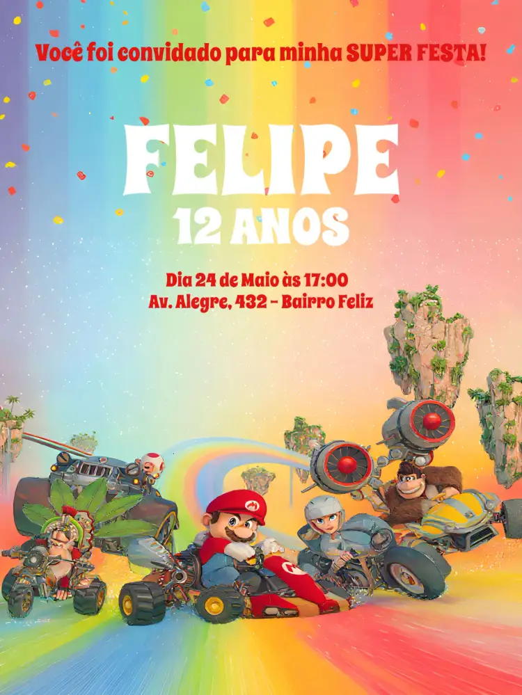 Convite Mario Kart Bros – tema Aniversário colorido, jogos, infantil, diversão, vibrante, temático