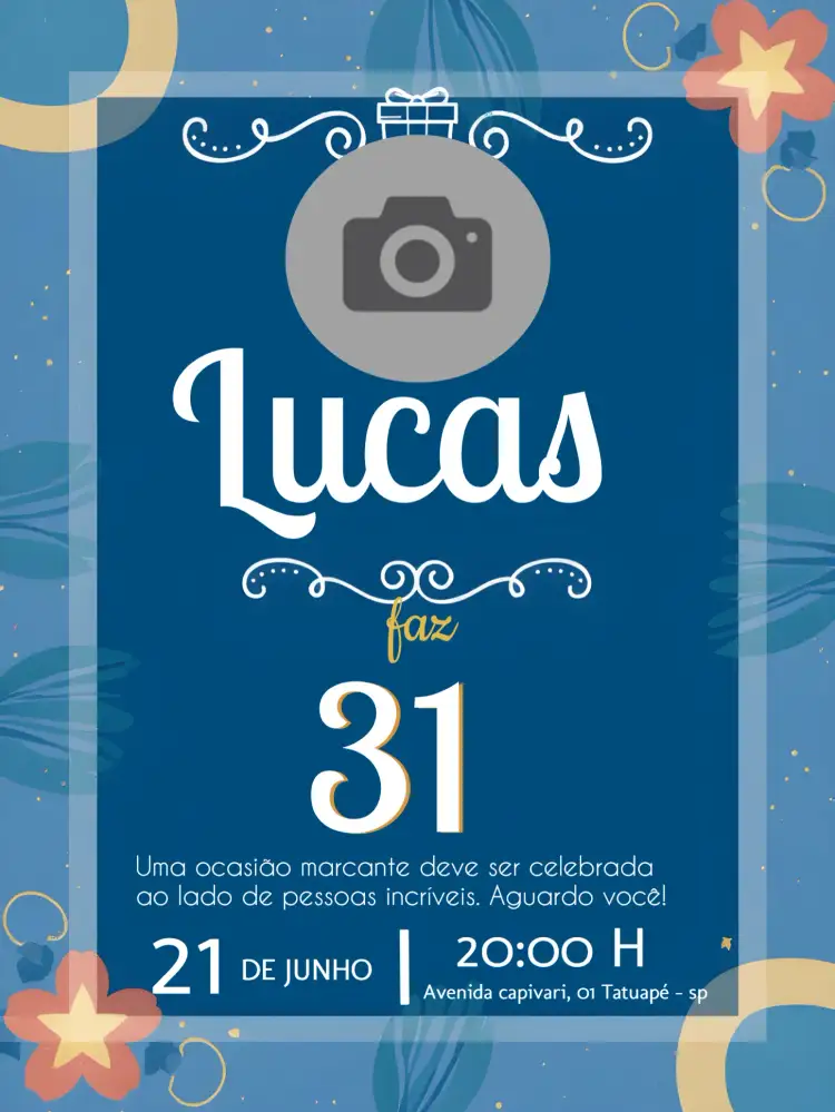 Convite Masculino Com Foto Festa – tema Aniversário moderno, clean, minimalista, azul e dourado, chevron, elegante