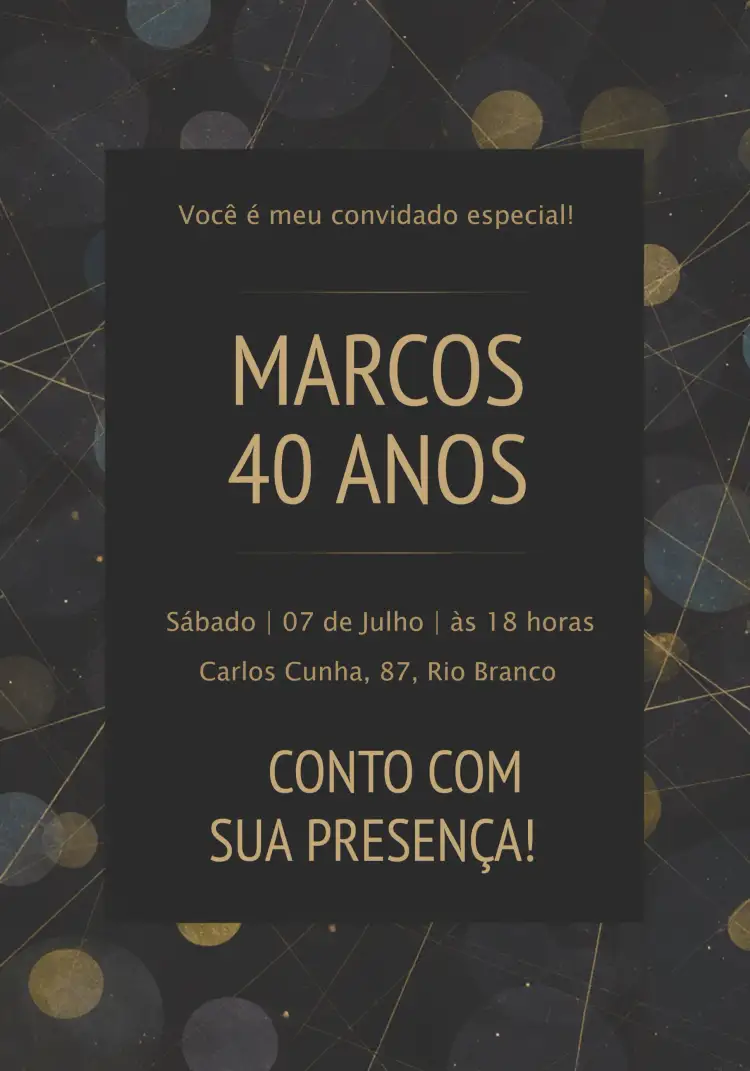Convite Masculino Douradas – tema Mais pesquisados dourado, preto, moderno, elegante, minimalista
