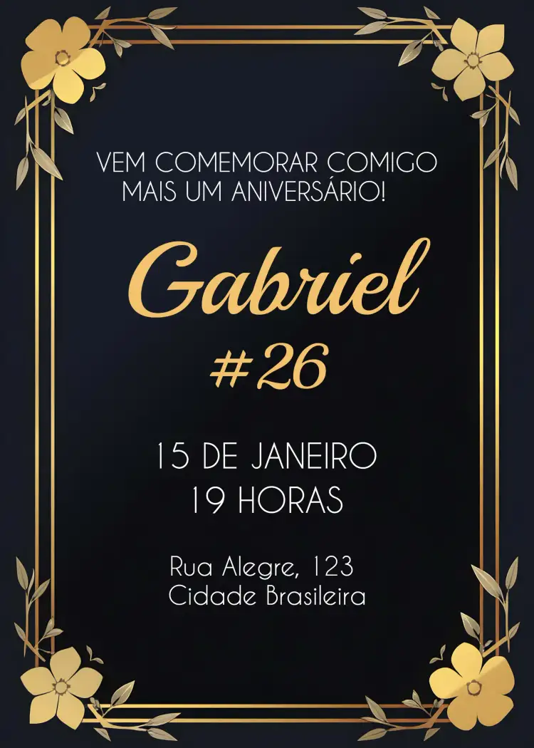 Convite Masculino - Preto E Dourado Elegante Homem – tema Aniversário minimalista, elegante, dourado, moderno, preto, sofisticado