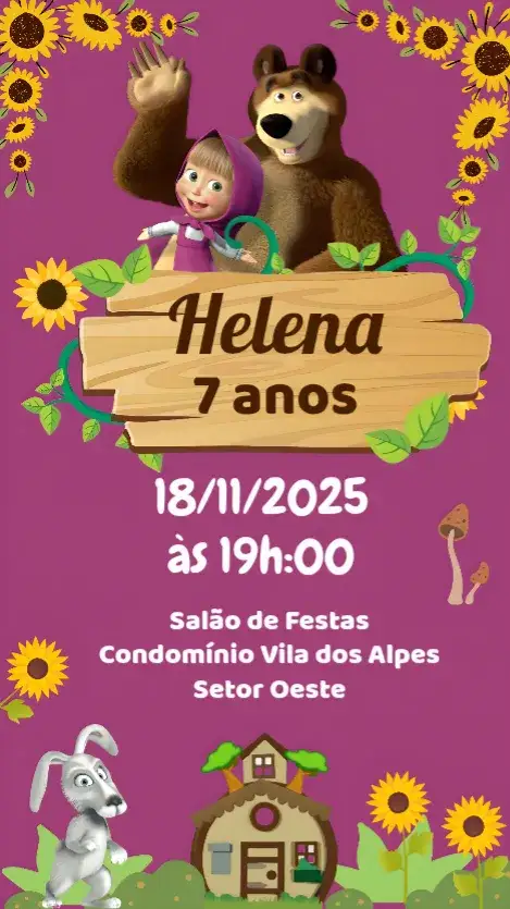 Convite Masha e o Urso – tema Aniversário Infantil colorido, infantil, divertido, aquarela, ilustrativo