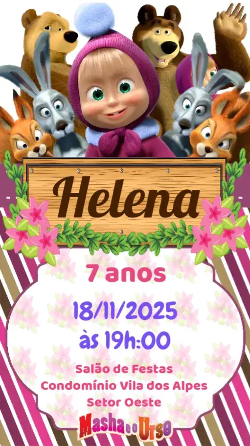 Convite Masha e o Urso – tema Aniversário Infantil colorido, divertido, infantil, lúdico, animado, ilustrações encantadoras