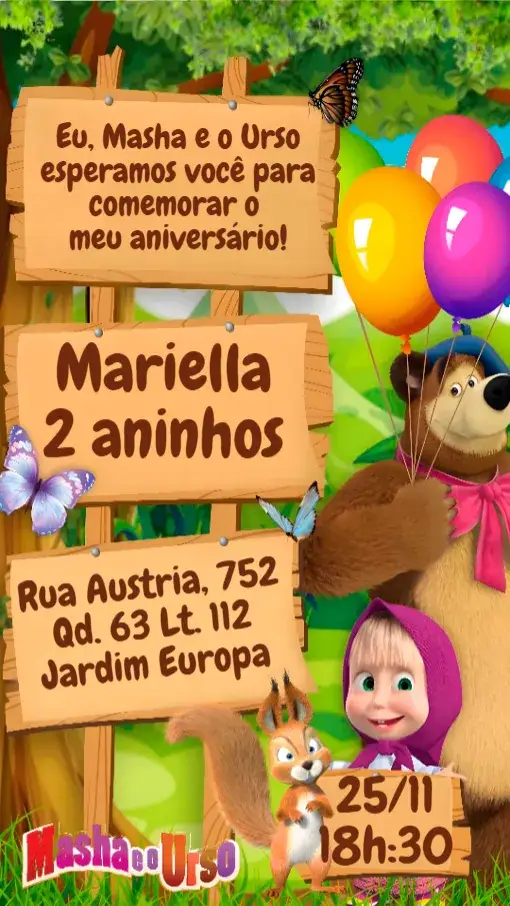 Convite Masha e o Urso – tema Aniversário Infantil colorido, divertido, infantil, ilustrações lúdicas, temática de desenho animado, estilo alegre