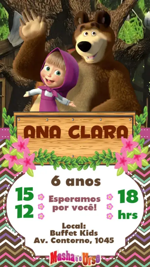 Convite Masha e o Urso – tema Aniversário Infantil colorido, divertido, ilustração infantil, natureza, lúdico