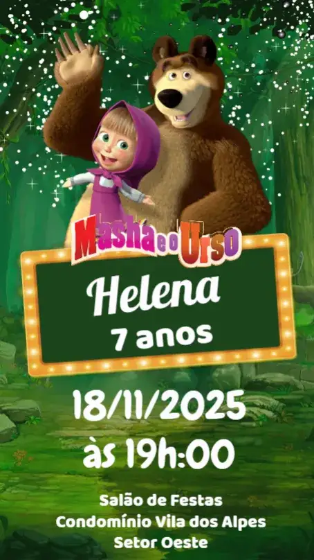 Convite Masha e o Urso – tema Aniversário Infantil colorido, divertido, infantil, ilustrações animadas, temática de desenho, alegre