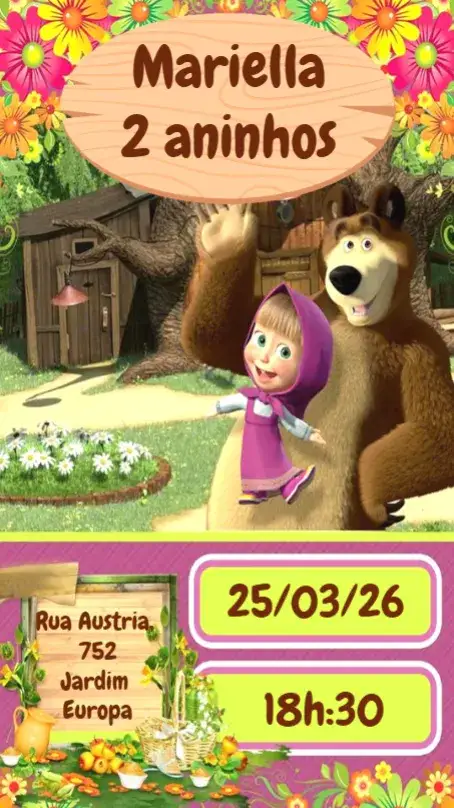 Convite Masha e o Urso – tema Aniversário Infantil colorido, divertido, temático, infantil, ilustração, vibrante