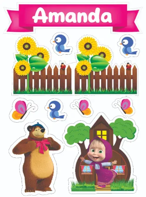 Convite Masha e o Urso – tema Topo de bolo colorido, divertido, infantil, animado, temático, ilustrações de personagens