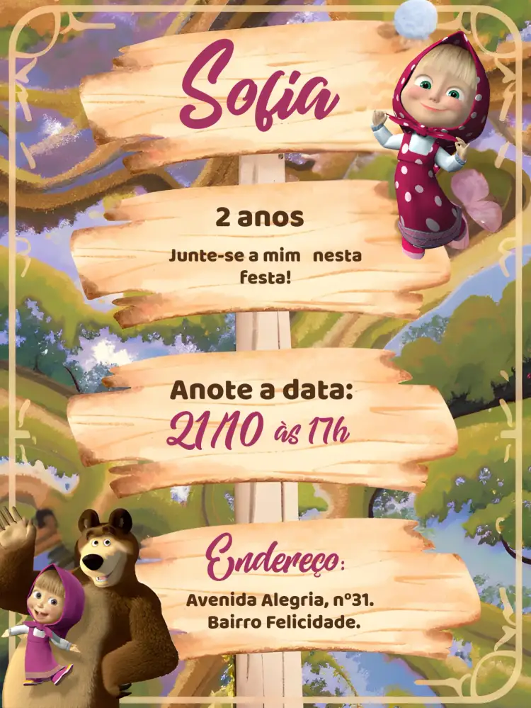 Convite Masha E O Urso Animais – tema Mais pesquisados floresta, animais, rústico, colorido, temático, divertido