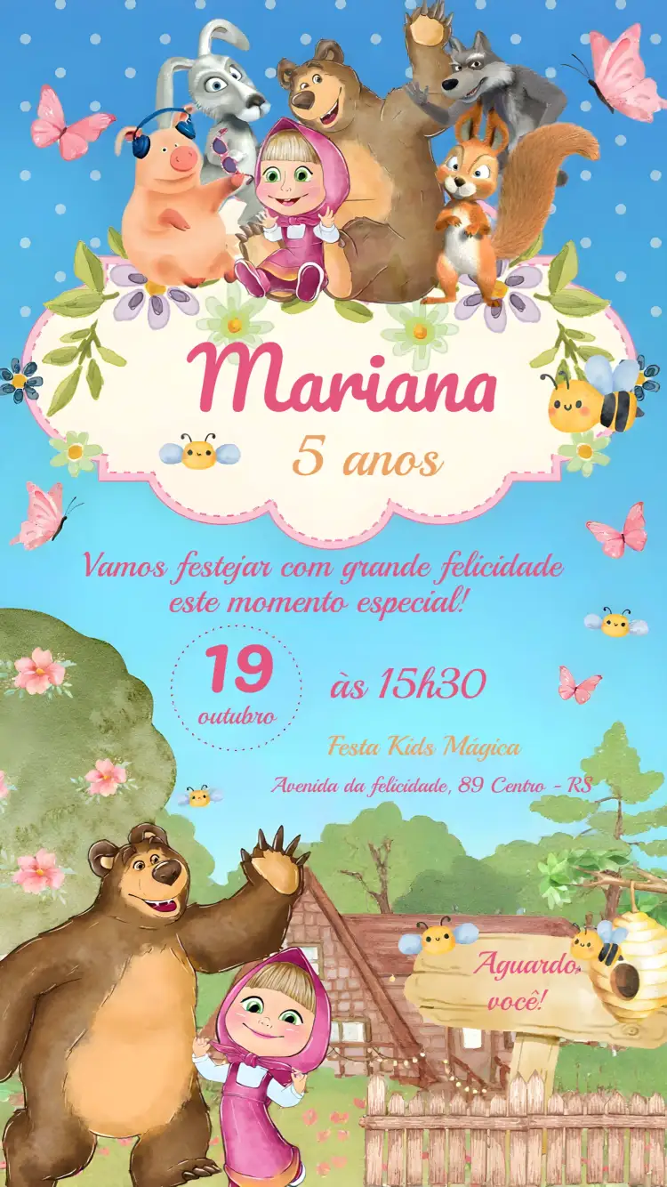 Convite Masha E O Urso Delicado – tema Mais pesquisados aquarela, floresta, delicado, colorido, lúdico, infantil