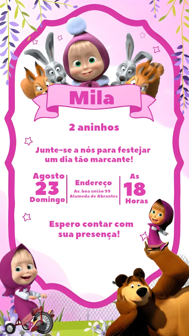 Convite Masha E O Urso Floral – tema Mais pesquisados floral, infantil, colorido, divertido, suave, temática