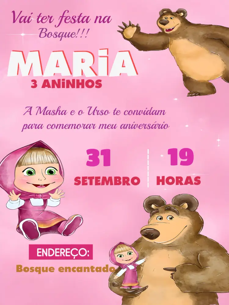 Convite Masha E O Urso Rosa