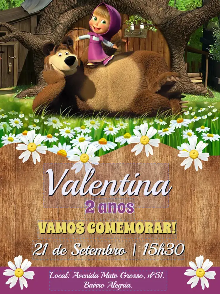 Convite Convite digital Masha e o urso – tema Mais pesquisados colorido, infantil, floresta, divertido, vibrante
