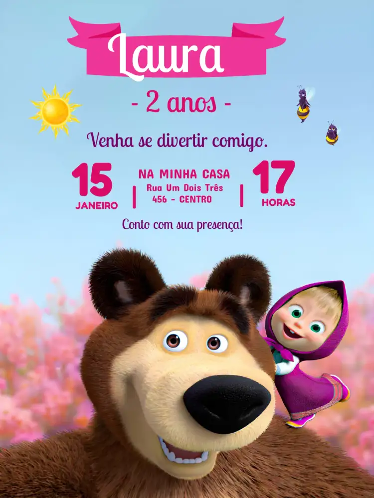Convite Masha E Urso Azul – tema Mais pesquisados colorido, divertido, infantil, floresta, animais, ilustração