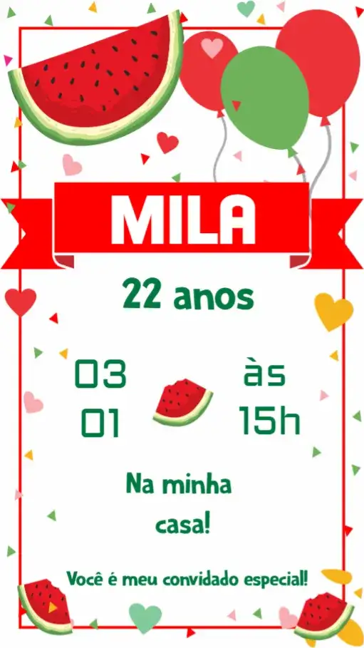 Convite Melancia – tema Aniversário tropical, colorido, divertido, moderninho, frutal, descontraído