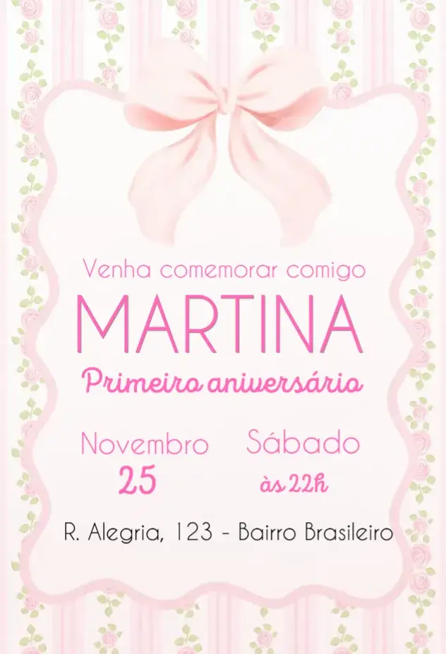 Convite Menina Primeiro Aniversário editável e personalizável