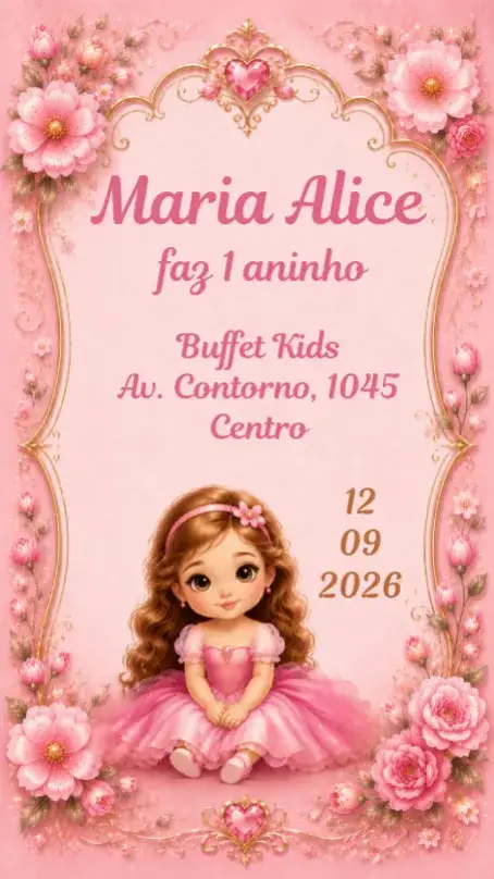 Invitación Niña Rosa – tema Cumpleaños Infantil rosa suave, floral, lúdico, colorido, moderno
