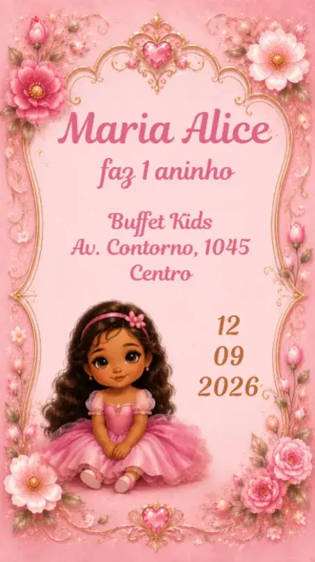 Invitación Chica Rosa – tema Cumpleaños Infantil rosa, dorado, delicado, lúdico, infantil, elegante