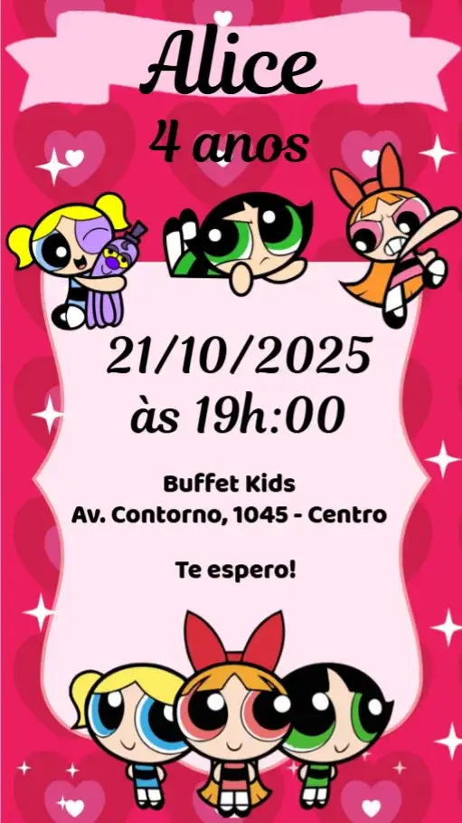 Convite Meninas Super Poderosas – tema Aniversário Infantil colorido, divertido, super-heróis, ilustrações animadas, infantil, brilhante