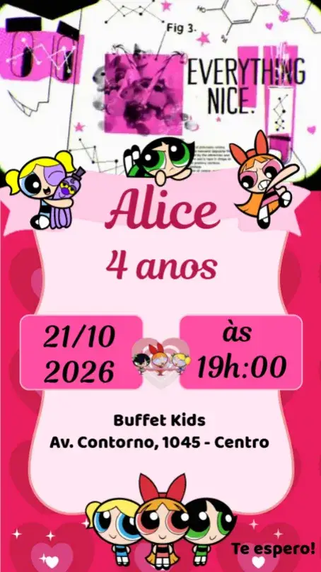 Invitación Meninas Super Poderosas – tema Aniversário Infantil cores vibrantes, estilo divertido, elementos de super-heróis, design lúdico, ilustrações coloridas