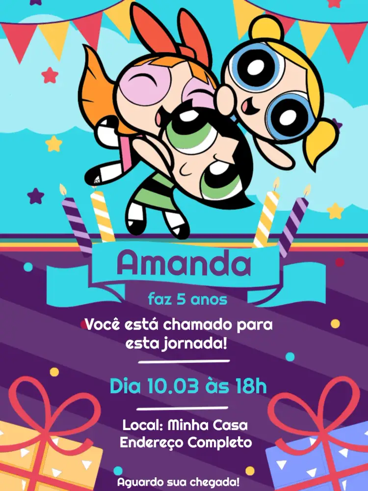 Convite Meninas Super Poderosas Festa – tema Mais pesquisados colorido, lúdico, infantil, divertido, heroico
