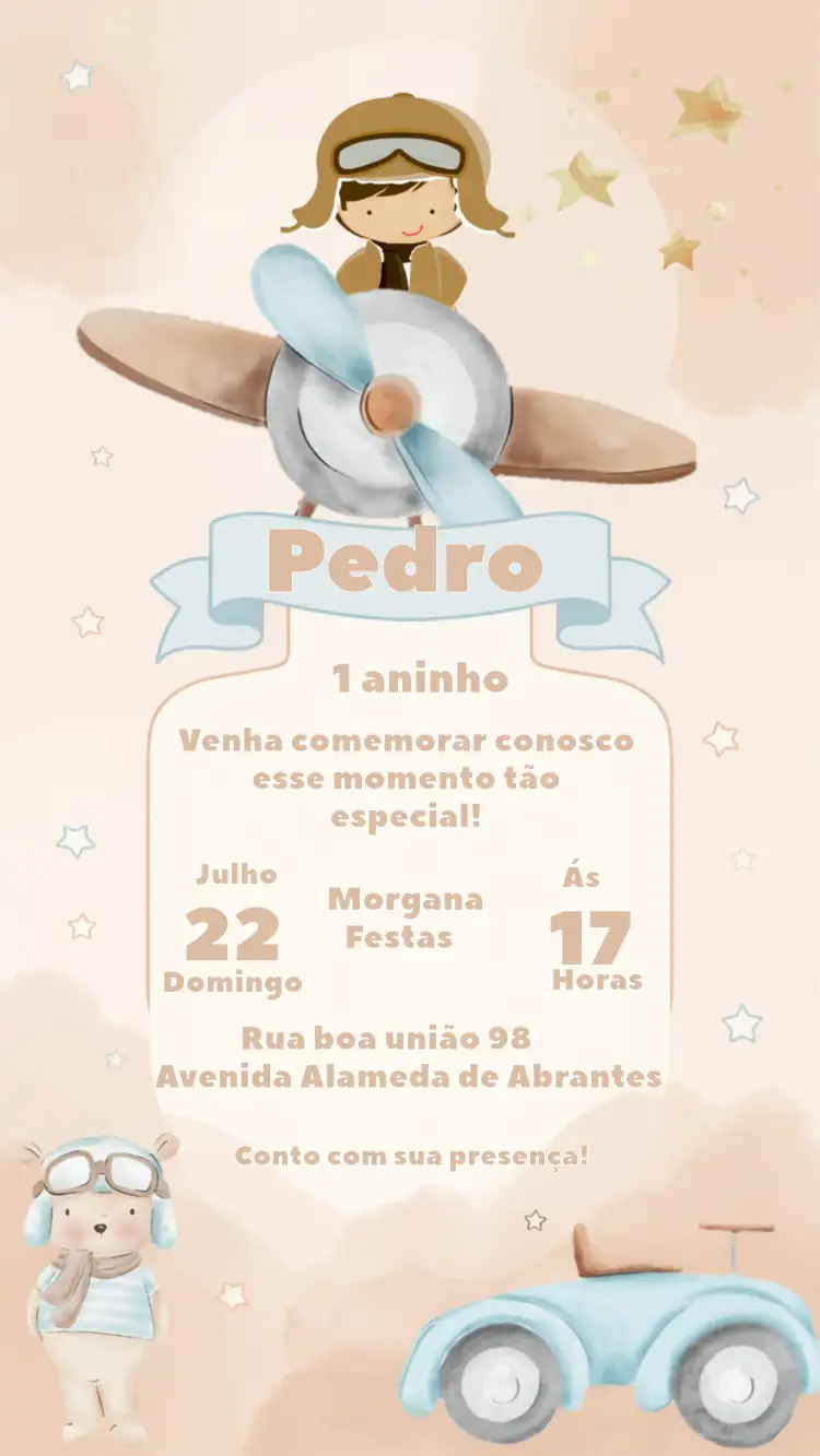 Convite Menino Aviador Delicado – tema Mais pesquisados aquarela, delicado, bege, vintage, infantil, aviador